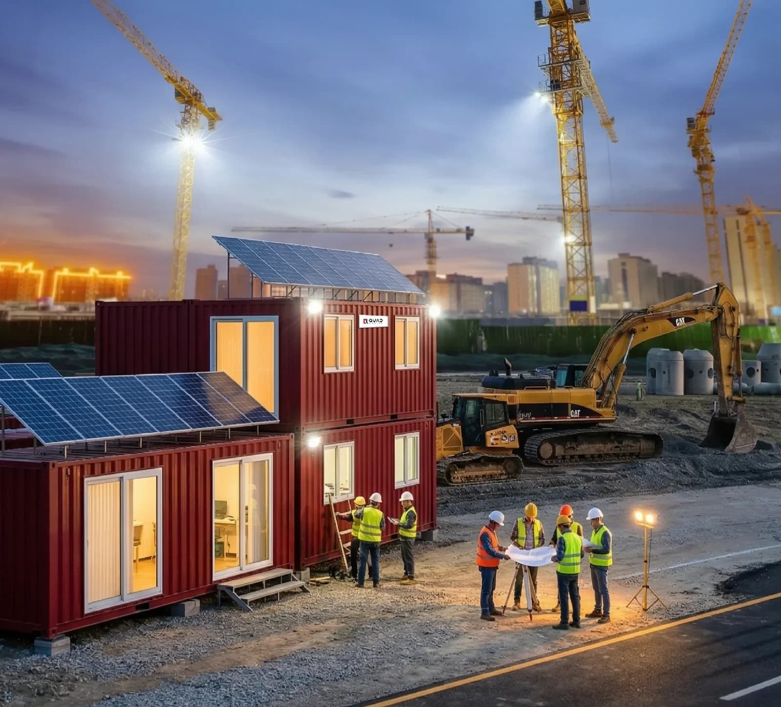 Modular cabins deployed across an active construction site