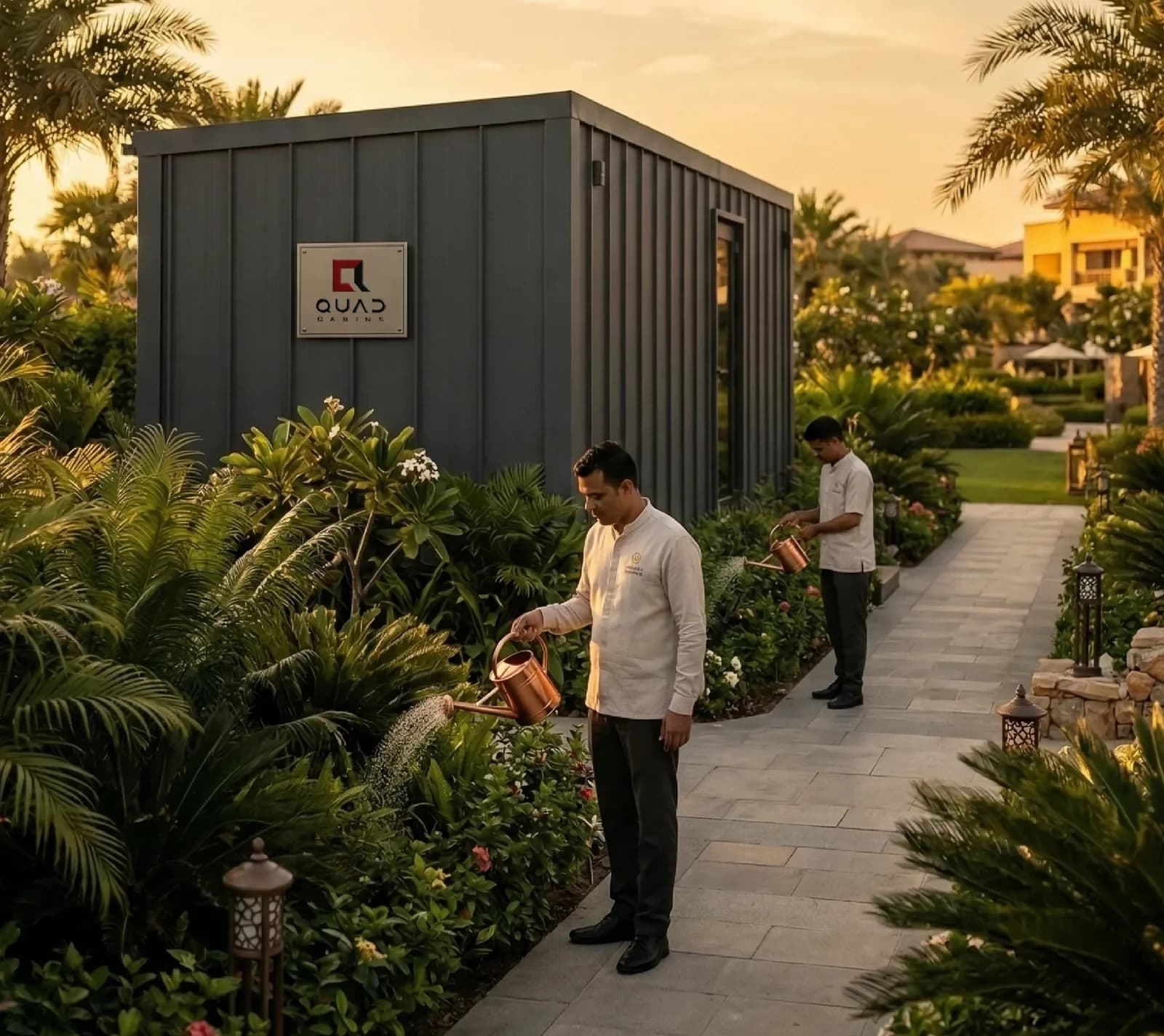 Hospitality cabin set within landscaped resort grounds